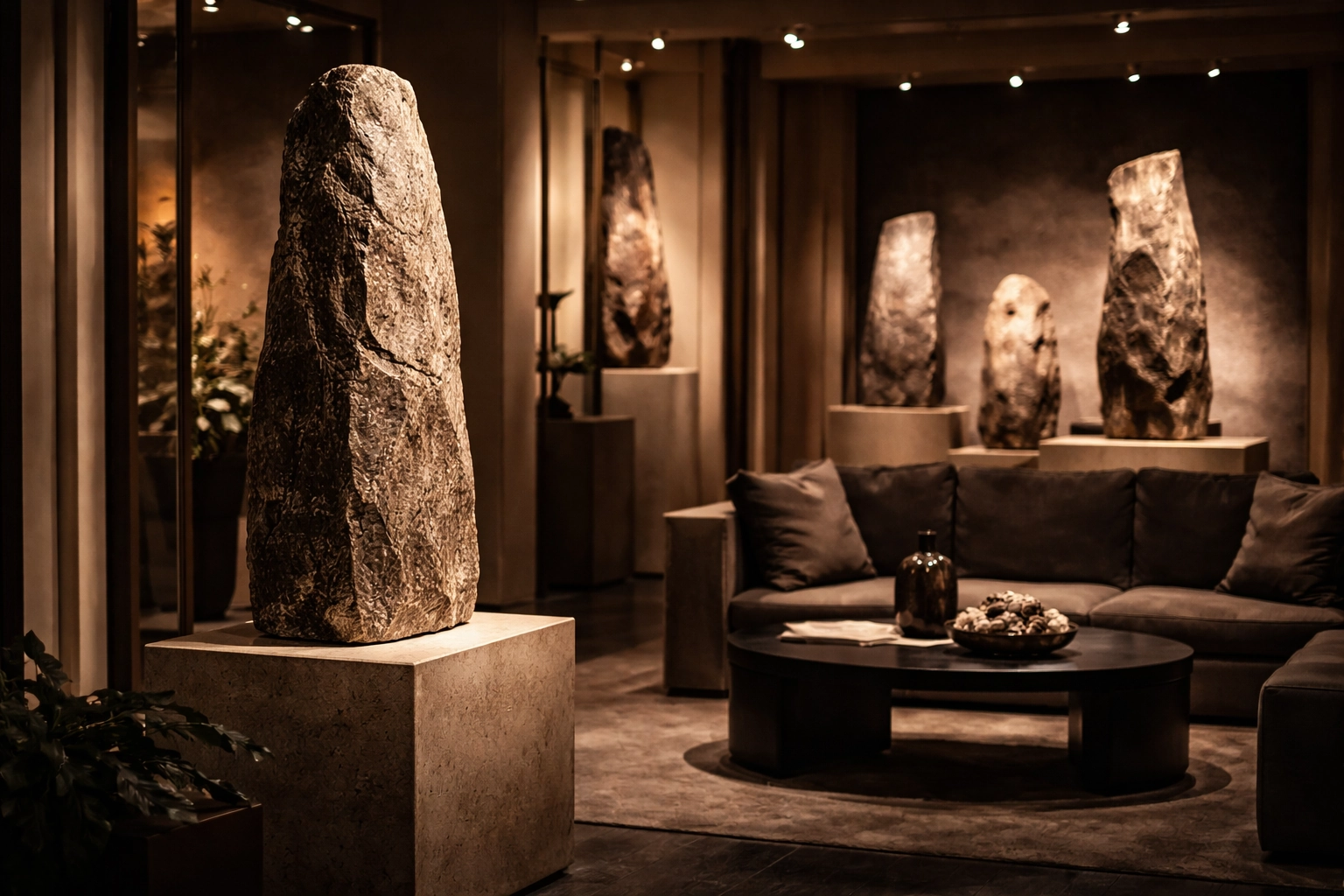 Sculpture contemporaine en quartzite exposée en intérieur — intégration en collection privée