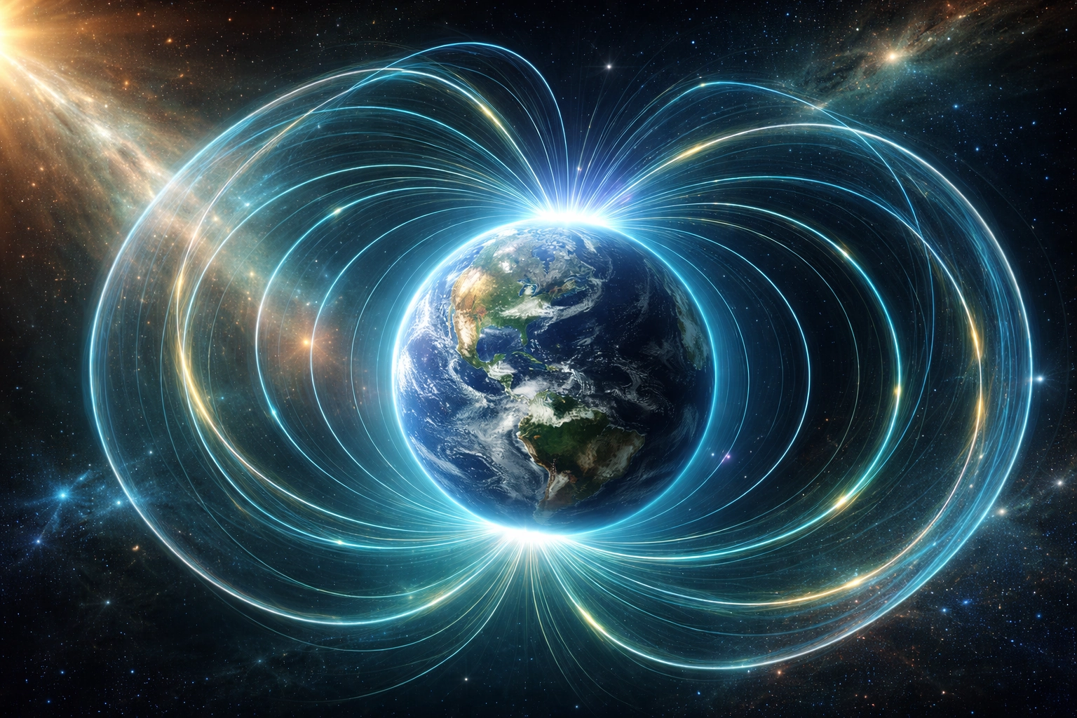 Illustration du champ magnétique terrestre et de la magnétosphère protégeant la Terre