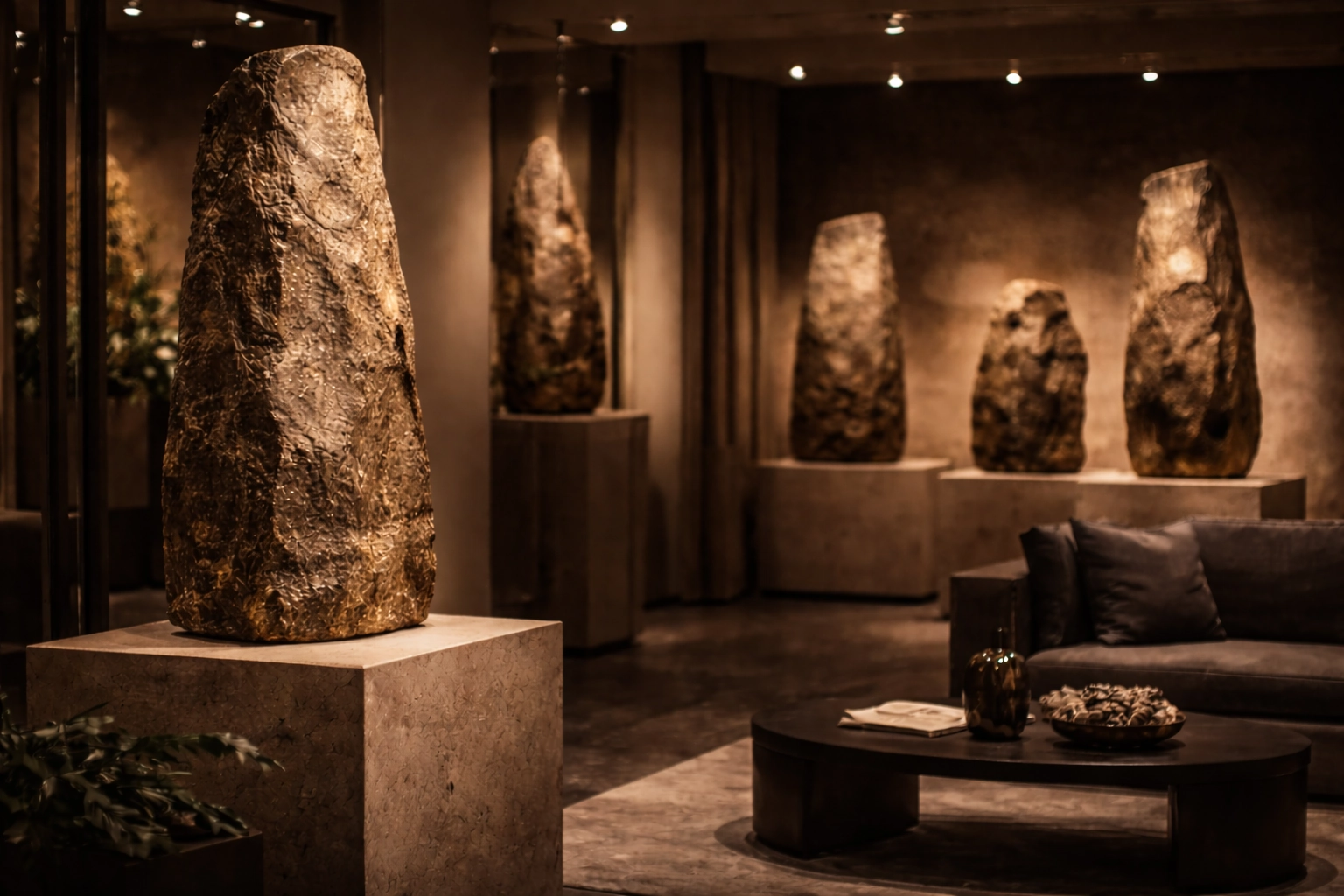 Alignement de monolithes en quartzite dans un espace d’exposition contemporain