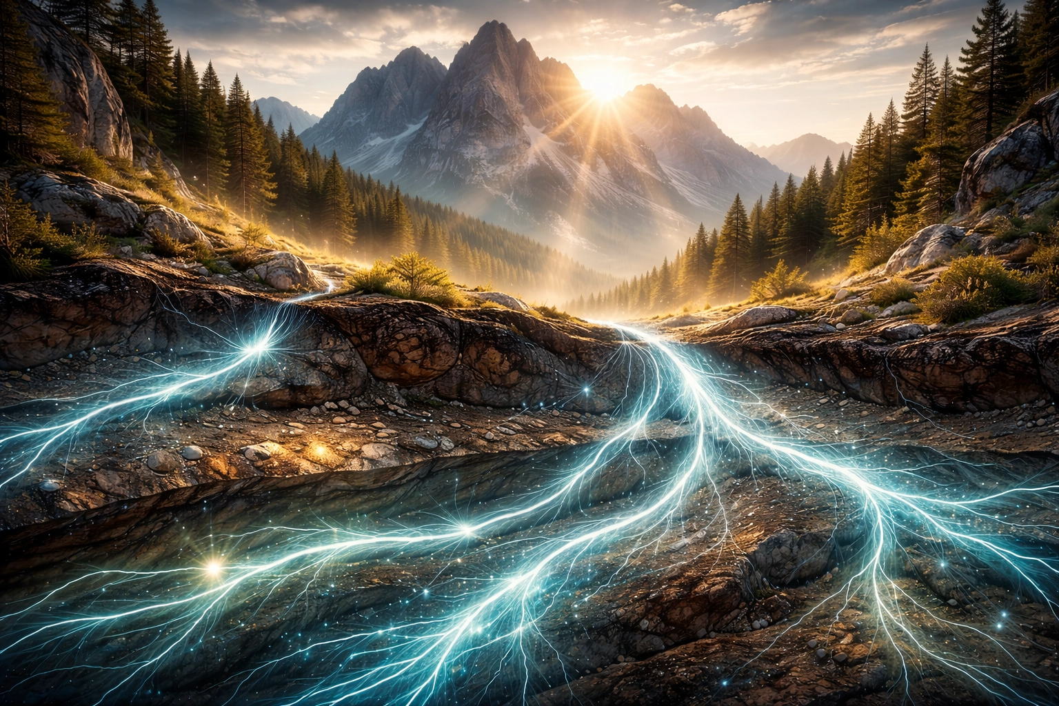 Illustration géologique des courants telluriques circulant dans la croûte terrestre