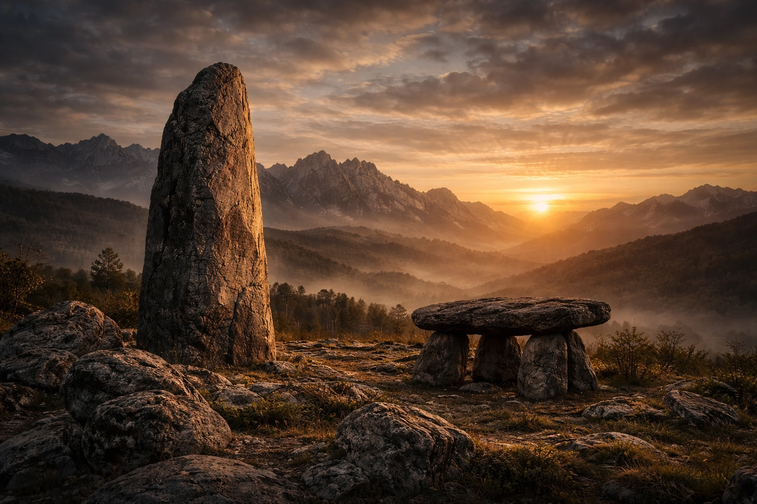 Sculpture en quartzite contemporaine — monolithe minéral Schauenberg au lever du soleil