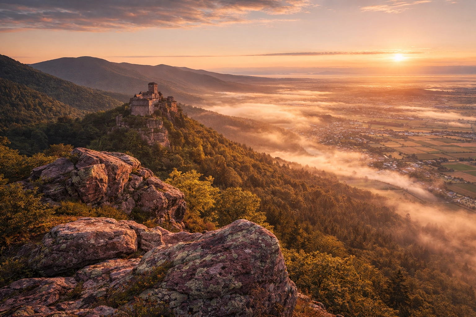 Vosges Massif overlooking the Rhine plain at sunrise — sandstone relief and tectonic rift landscape