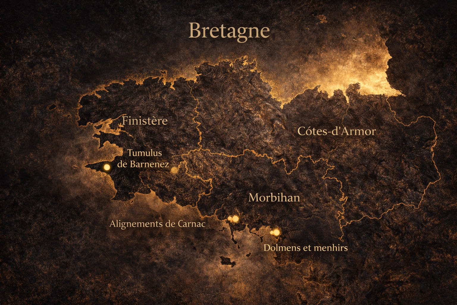 Megalithic alignments in Brittany at sunrise — granite plateau and mineral horizon