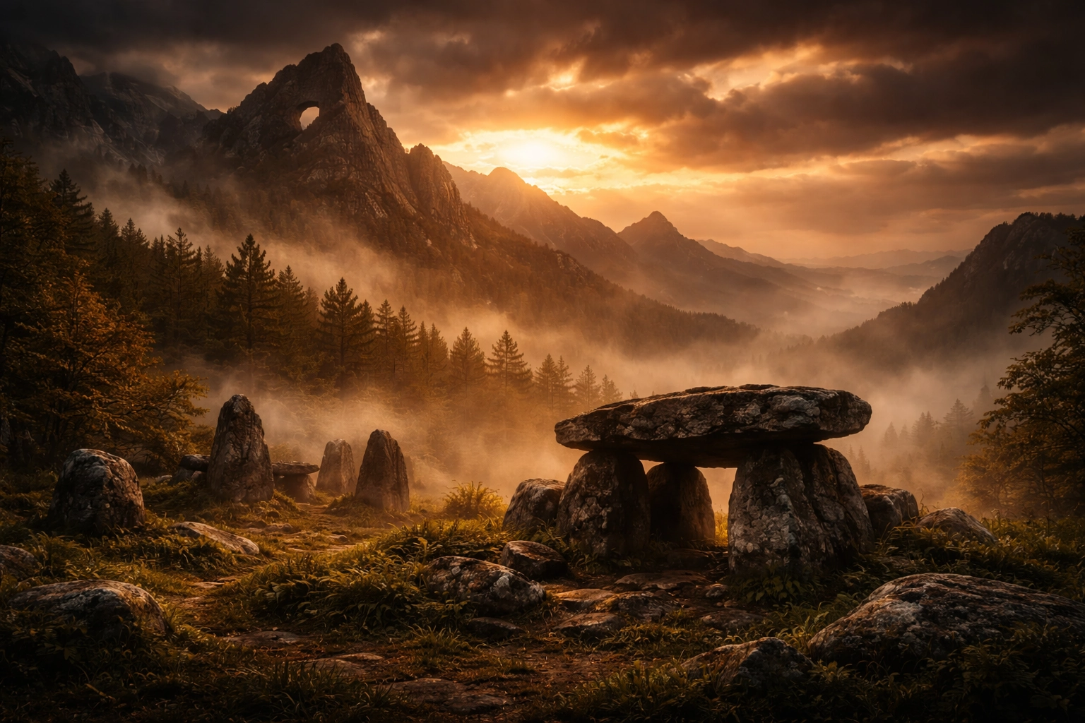 Mineral landscape in France at sunrise — dominant rock relief and telluric atmosphere