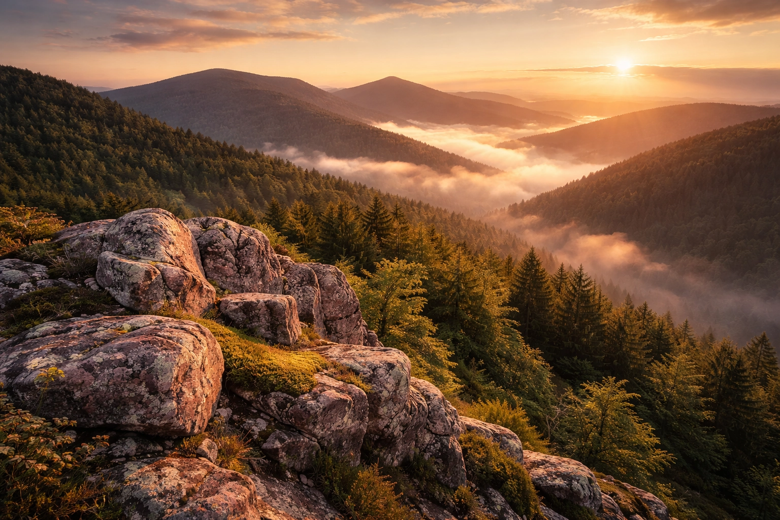 Vosges ridgelines at sunrise — pink sandstone cliffs and ancient rounded summits