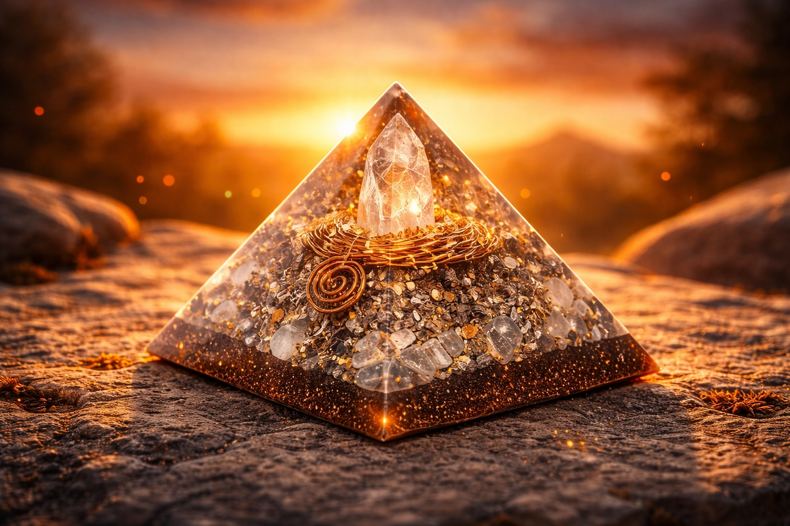 Pyramide en quartz et orgonite sur un paysage minéral