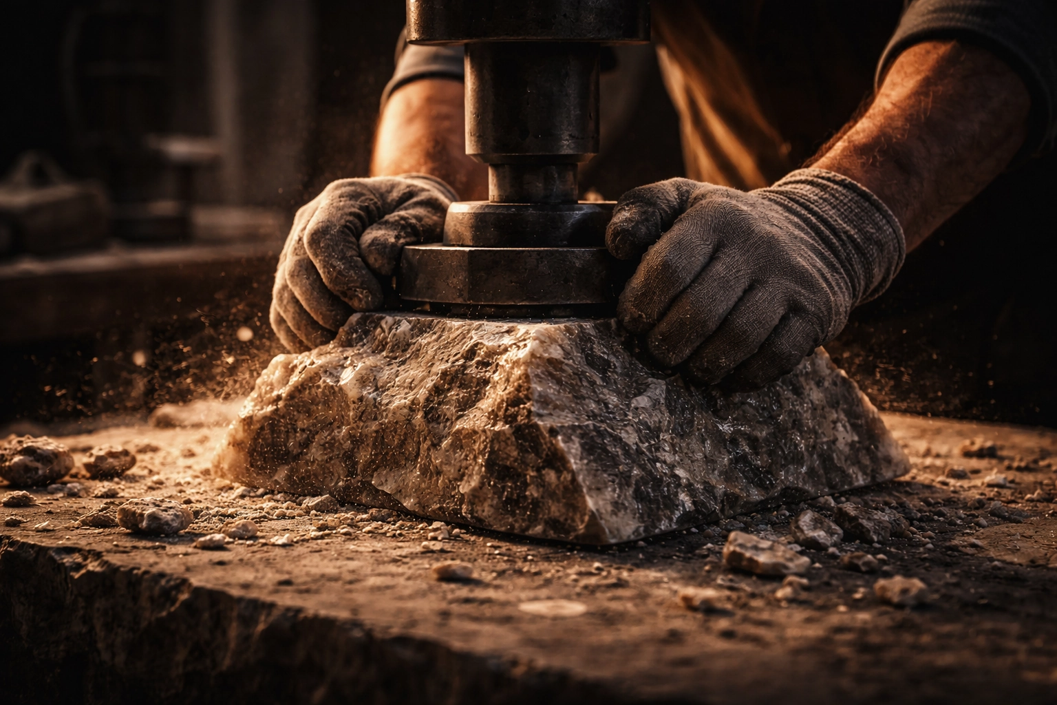 Processus de sculpture en quartzite — taille et compression minérale en atelier