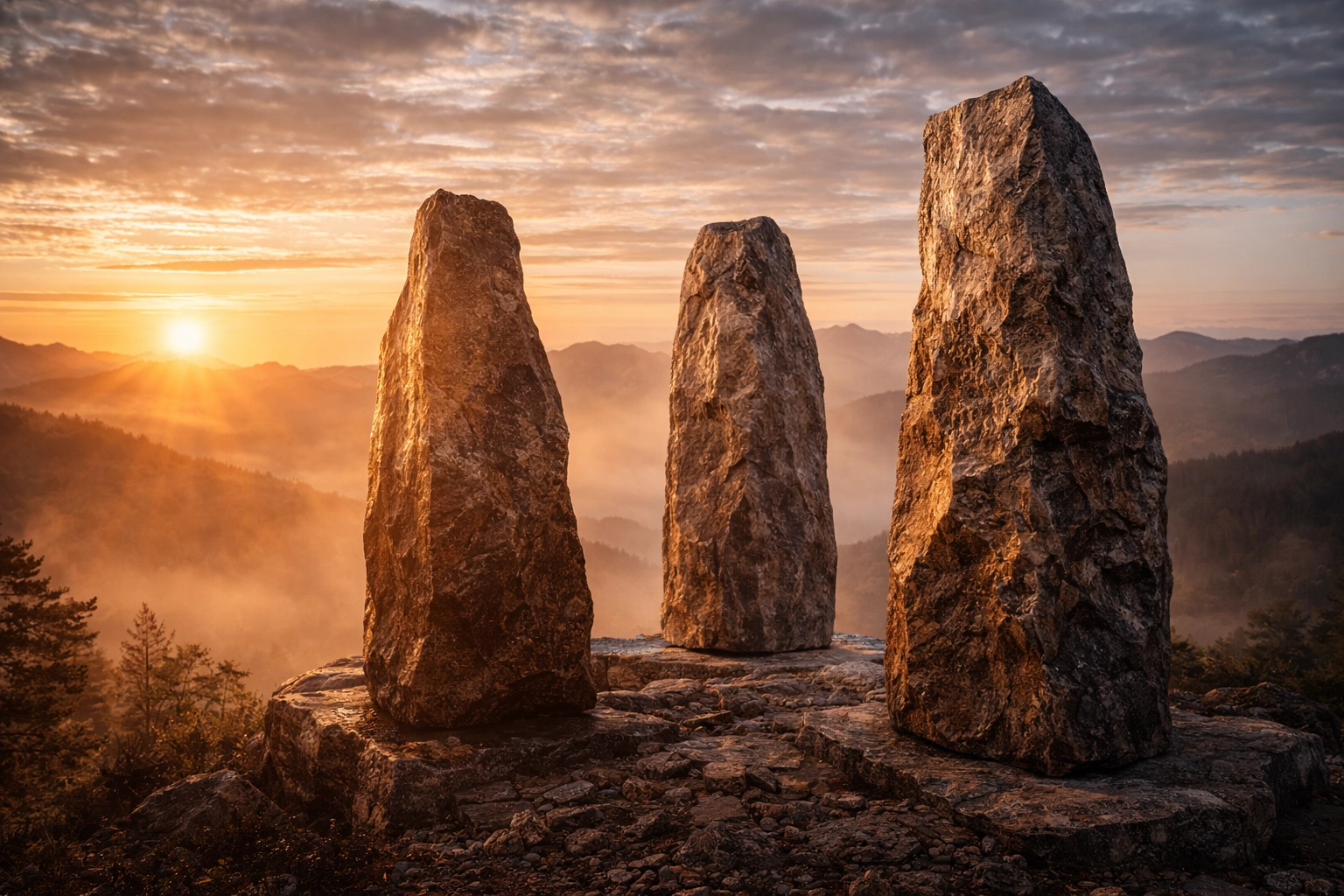 Sculpture contemporaine en quartzite — monolithes minéraux alignés au lever du soleil