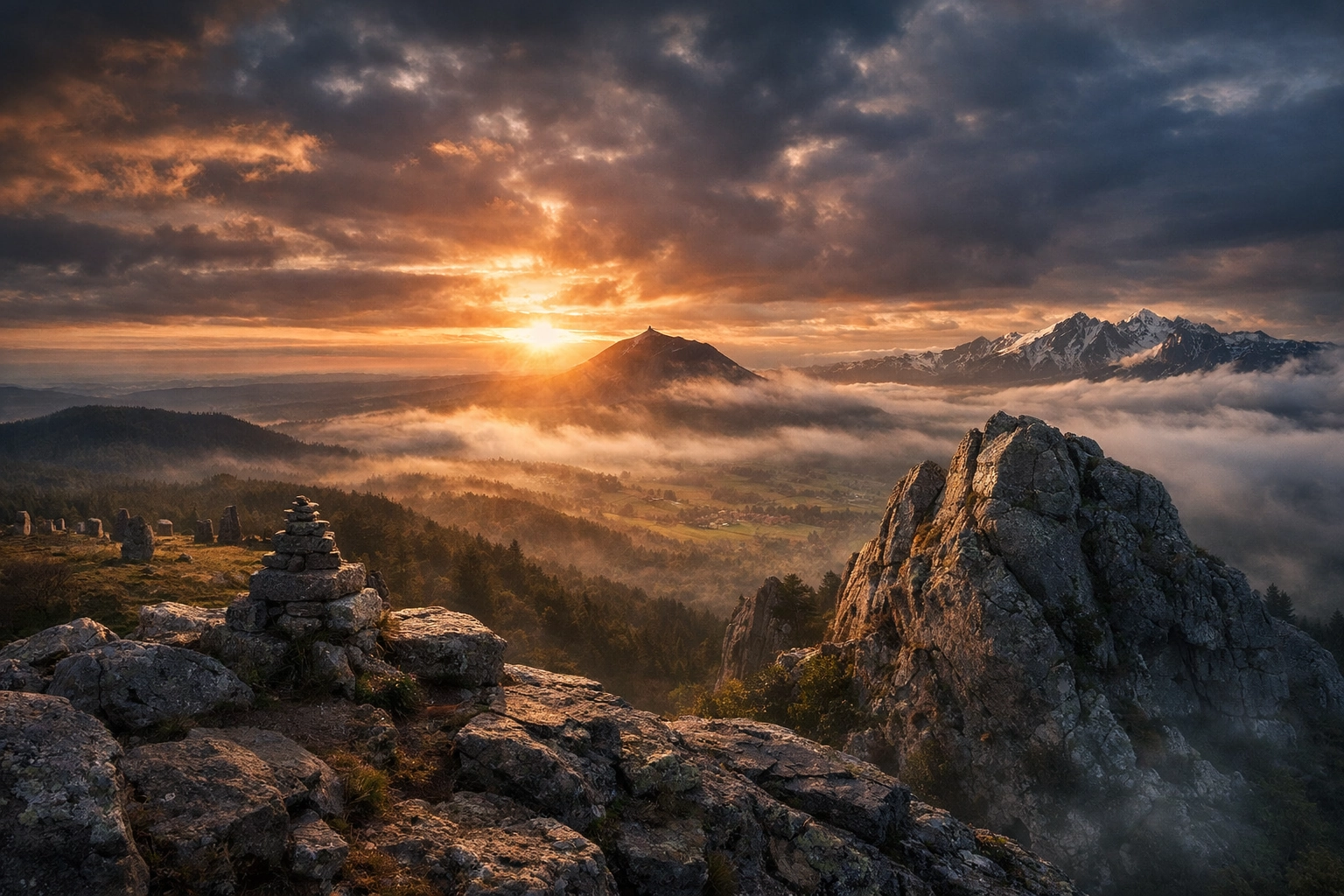 Telluric site in France with exposed rock formations, volcanic dome, alpine mountains and wide mineral horizon at sunrise